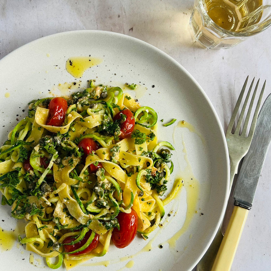 Courgetti with Roasted Tomato, Caper, Feta & Parsley Sauce