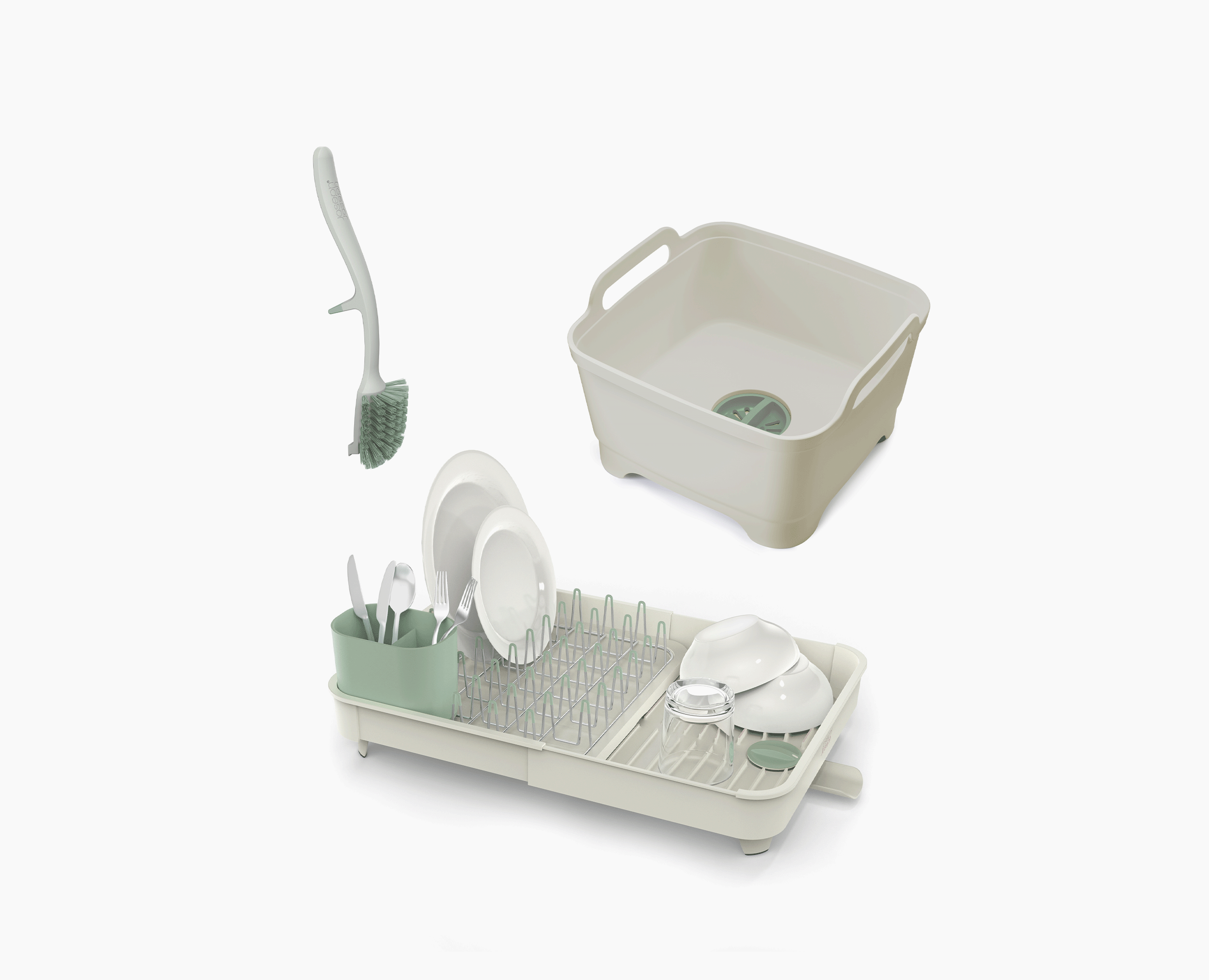 3-piece Stone Green Drainer, Washing-up Bowl & Brush Set