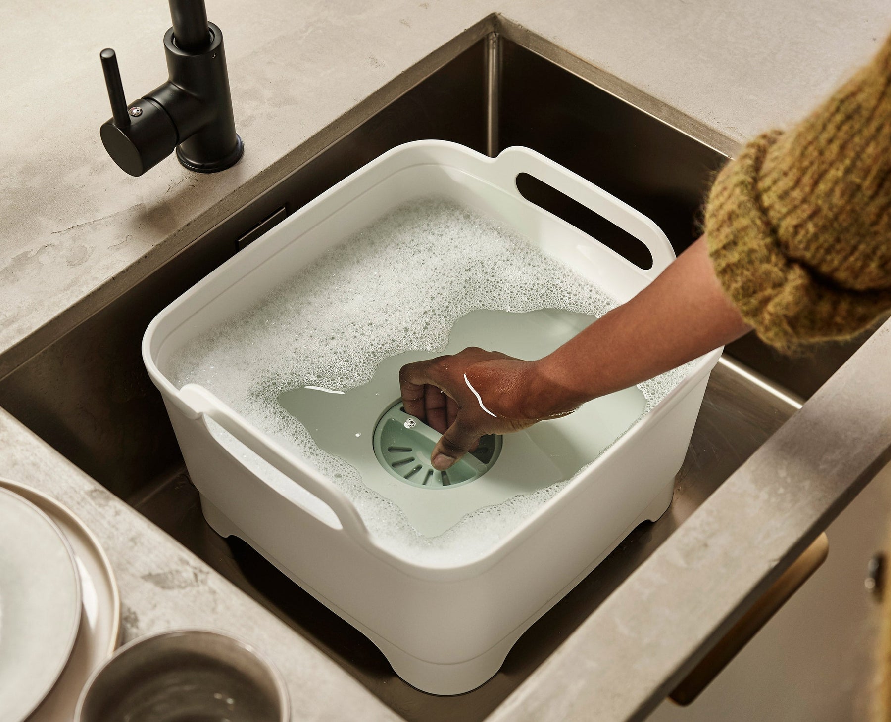 3-piece Stone Green Drainer, Washing-up Bowl & Brush Set