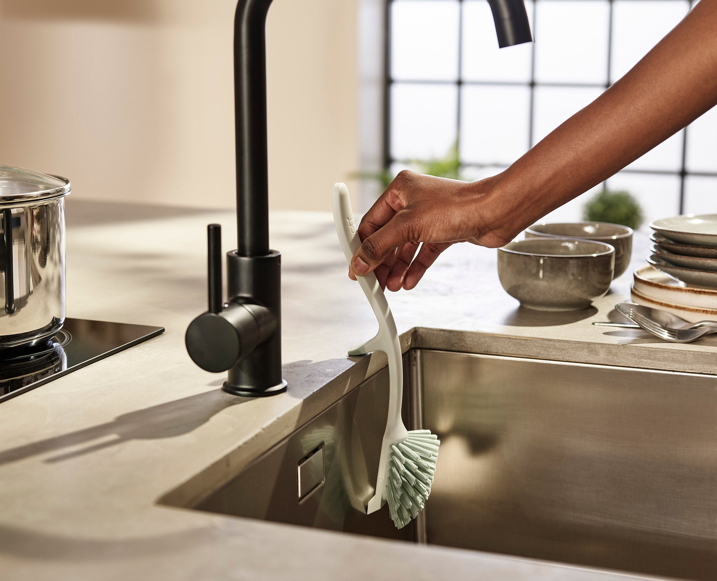 3-piece Stone Green Drainer, Washing-up Bowl & Brush Set
