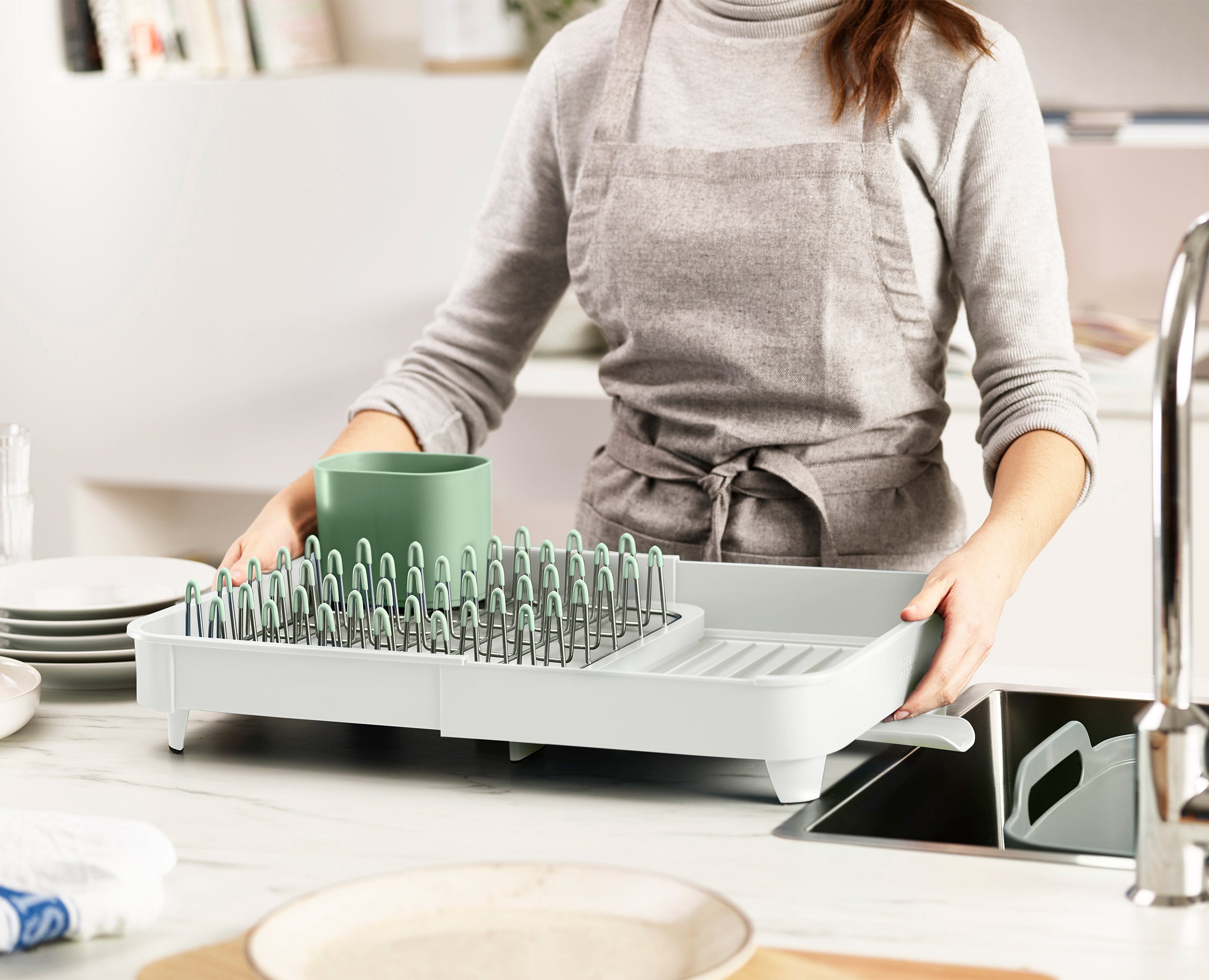 3-piece Stone Green Drainer, Washing-up Bowl & Brush Set