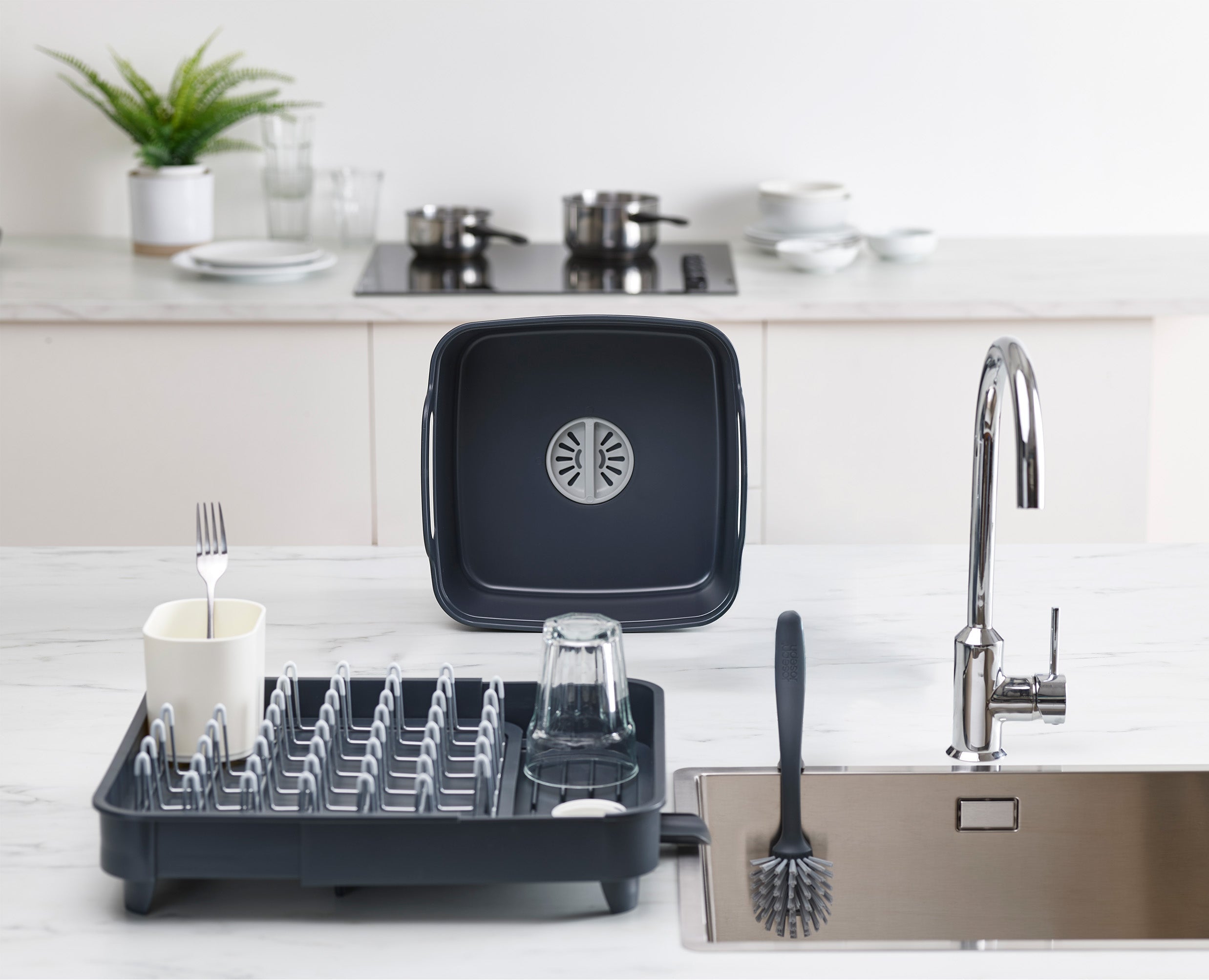 3-piece Grey Drainer, Washing-up Bowl & Brush Set