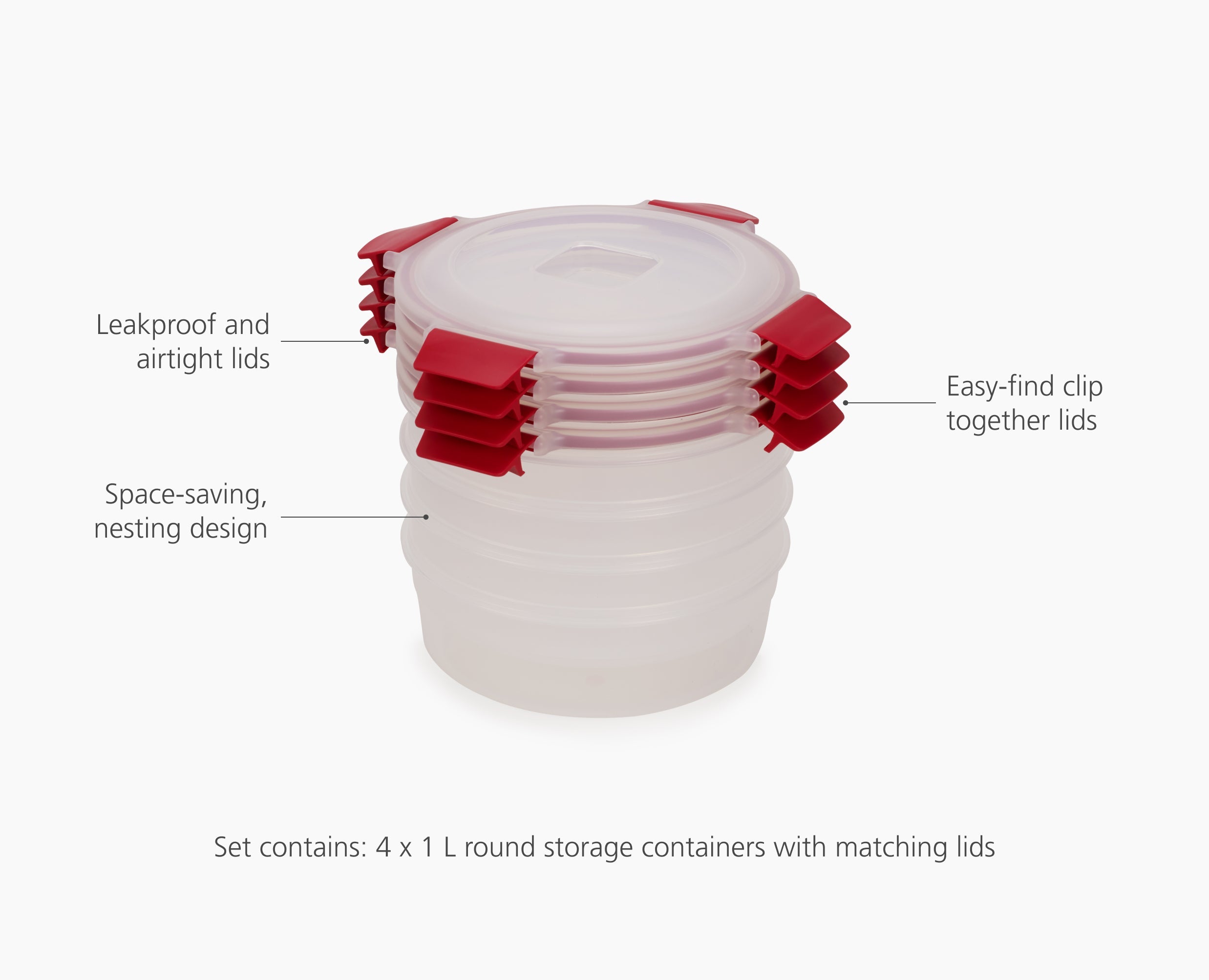 Nest Lock 4-Piece Red 1L Round Container Set