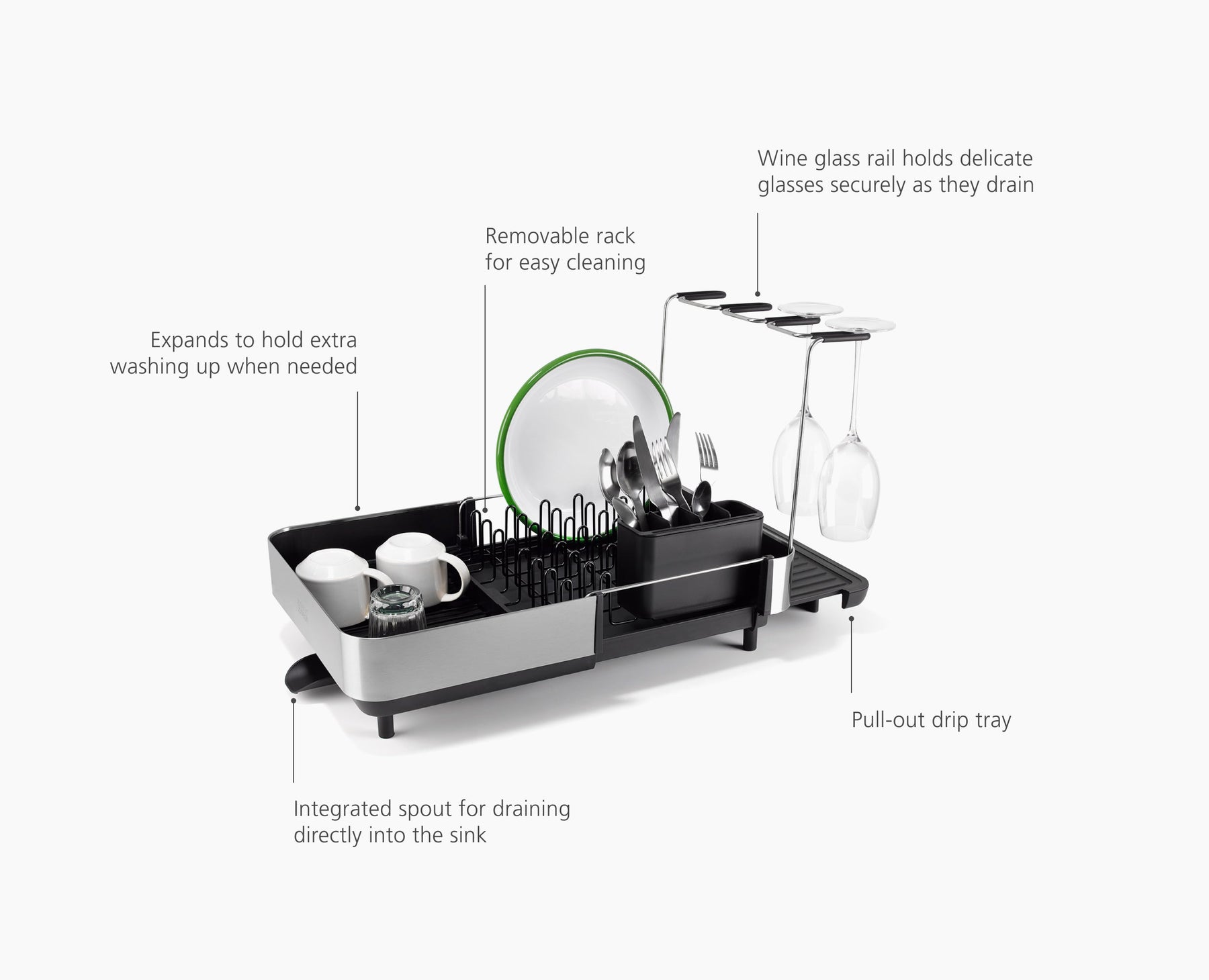 Extend™ Steel Plus Expandable Black Dish Drainer with Wine Glass Rack